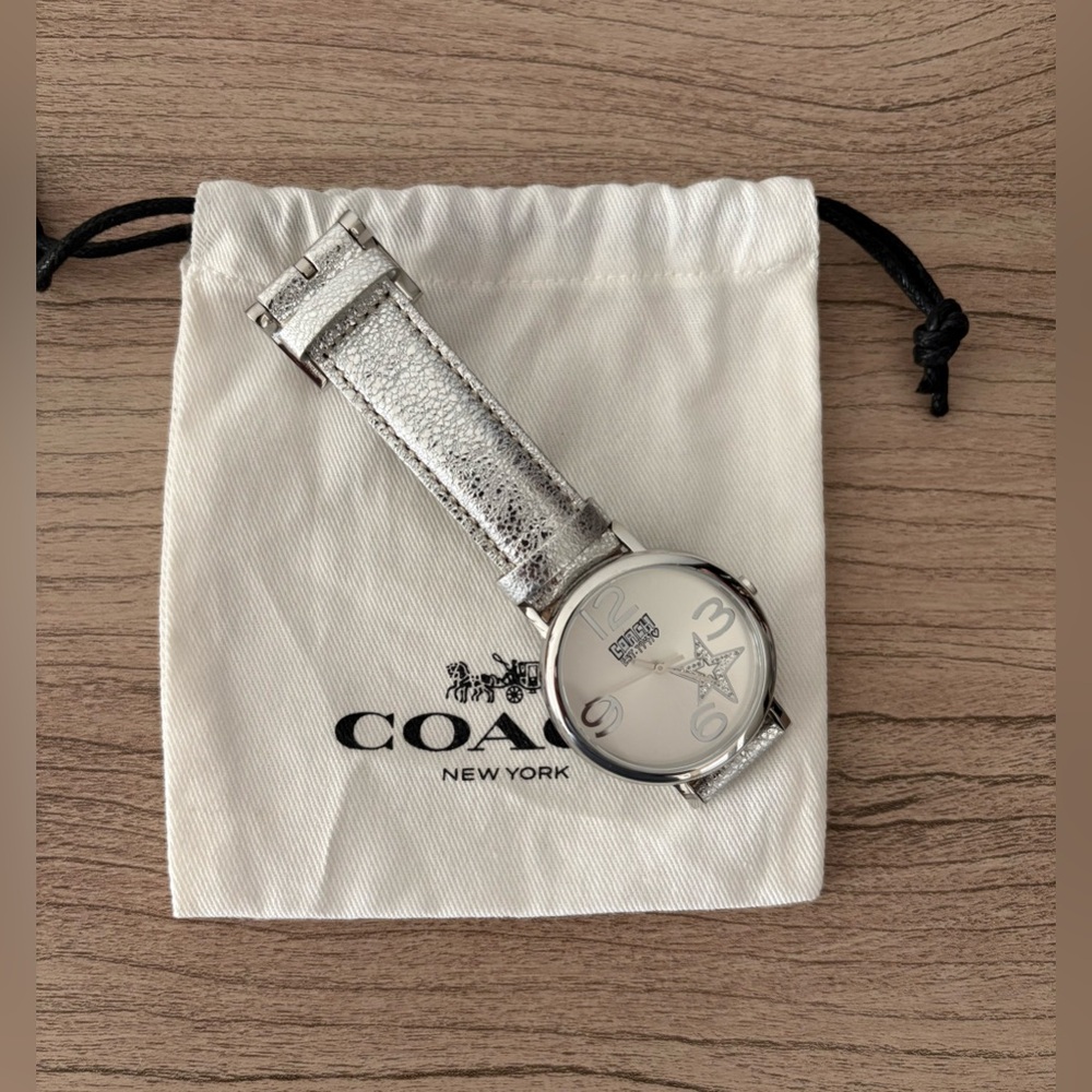 Coach Poppy Crystal Star Silver Watch leather strap